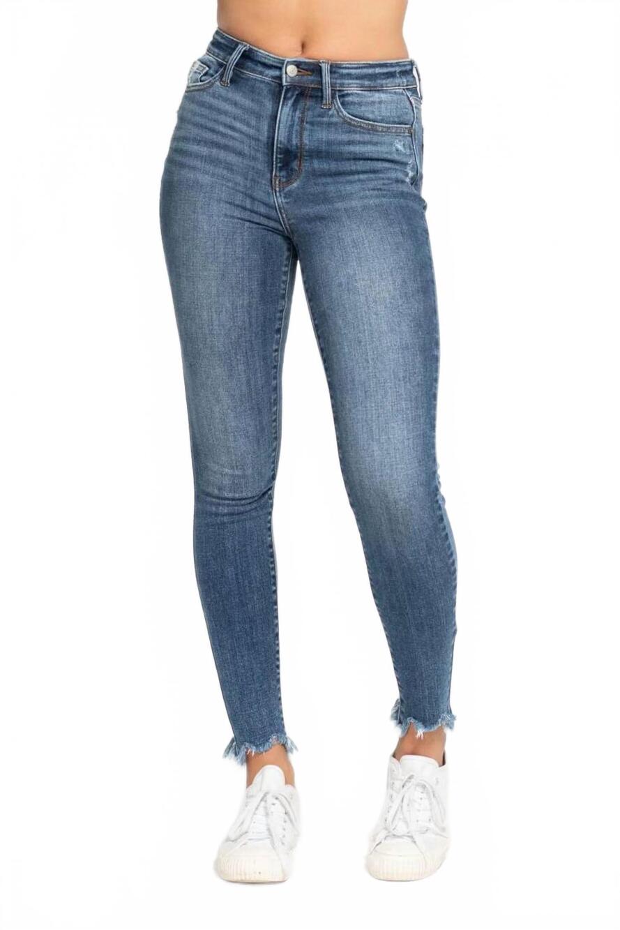 NEW JUDY BLUE high waist skinny jeans with destroy and shark bit hem in blue
